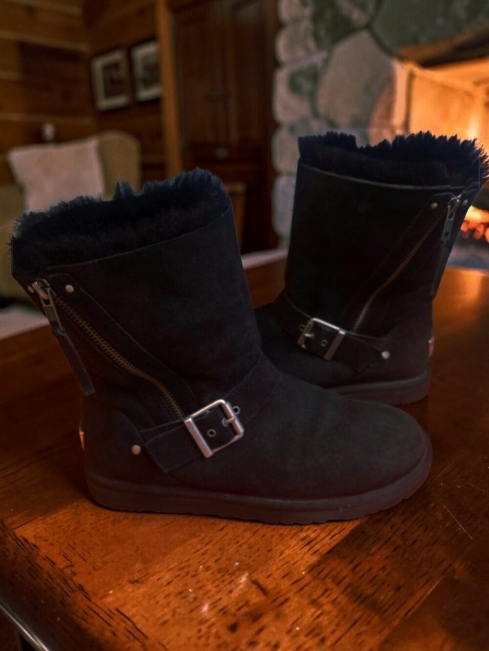 UGG Australia Blaise Black Suede Shearling Moto Zip Buckle Boot Sz 7 1003888 EUC